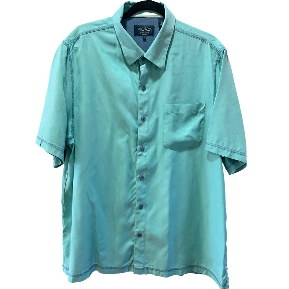 Nat Nast Luxury Originals Mens Large Green Silk Short Sleeve Button Up Shirt